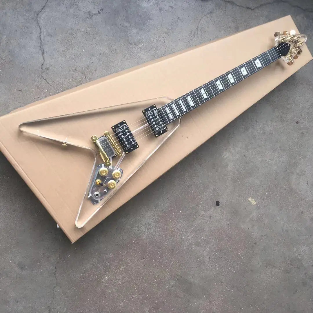 Good quality V style acrylic electric guitar with blue led light electricas electro electrique guitare guiter guitarra gitar