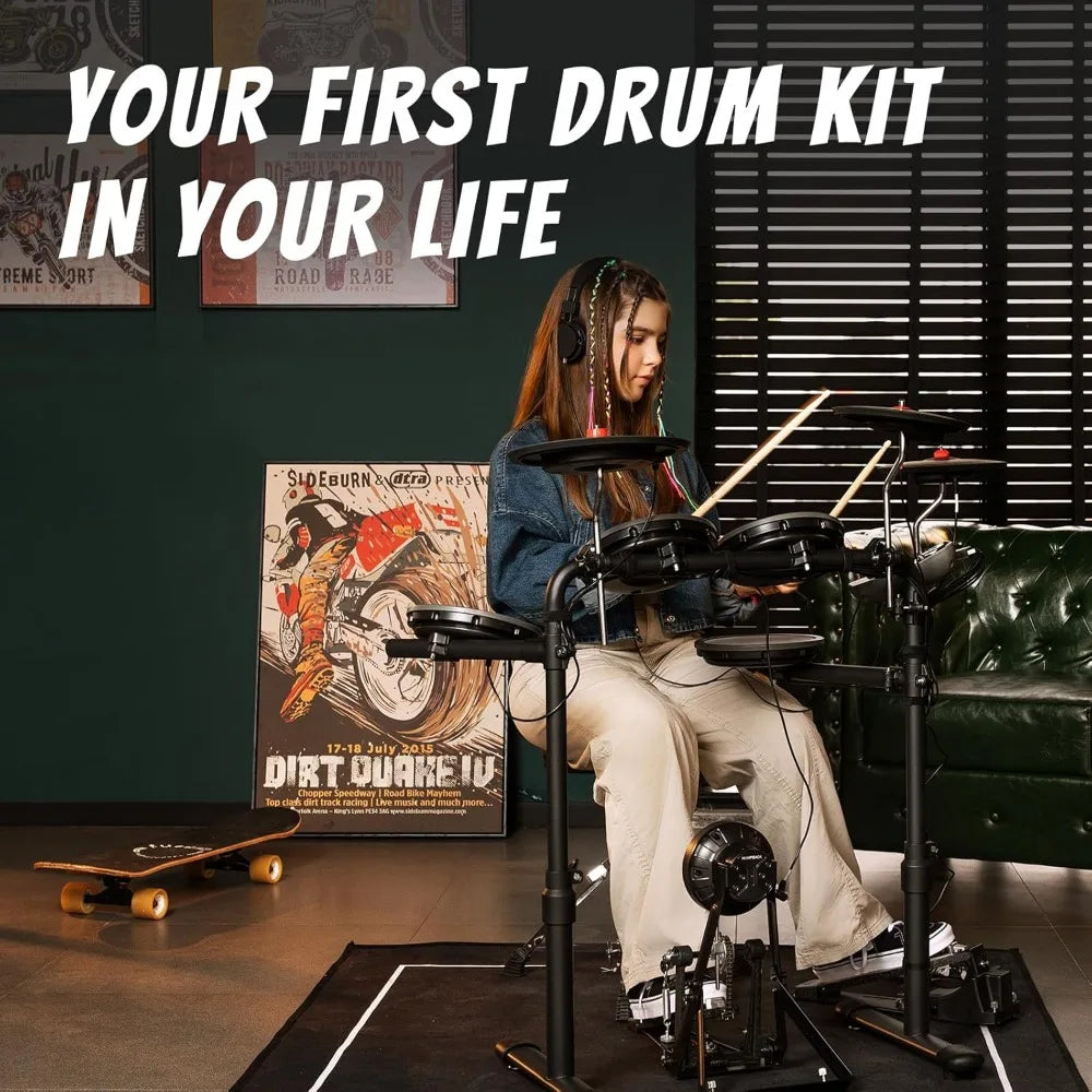 Electric Drum Set with 4 Quite Mesh Drum Pads, 3 Full Rubber Crashes, Bass Drum, 12 Kits and 68 Authentic Sounds,2 Pedals
