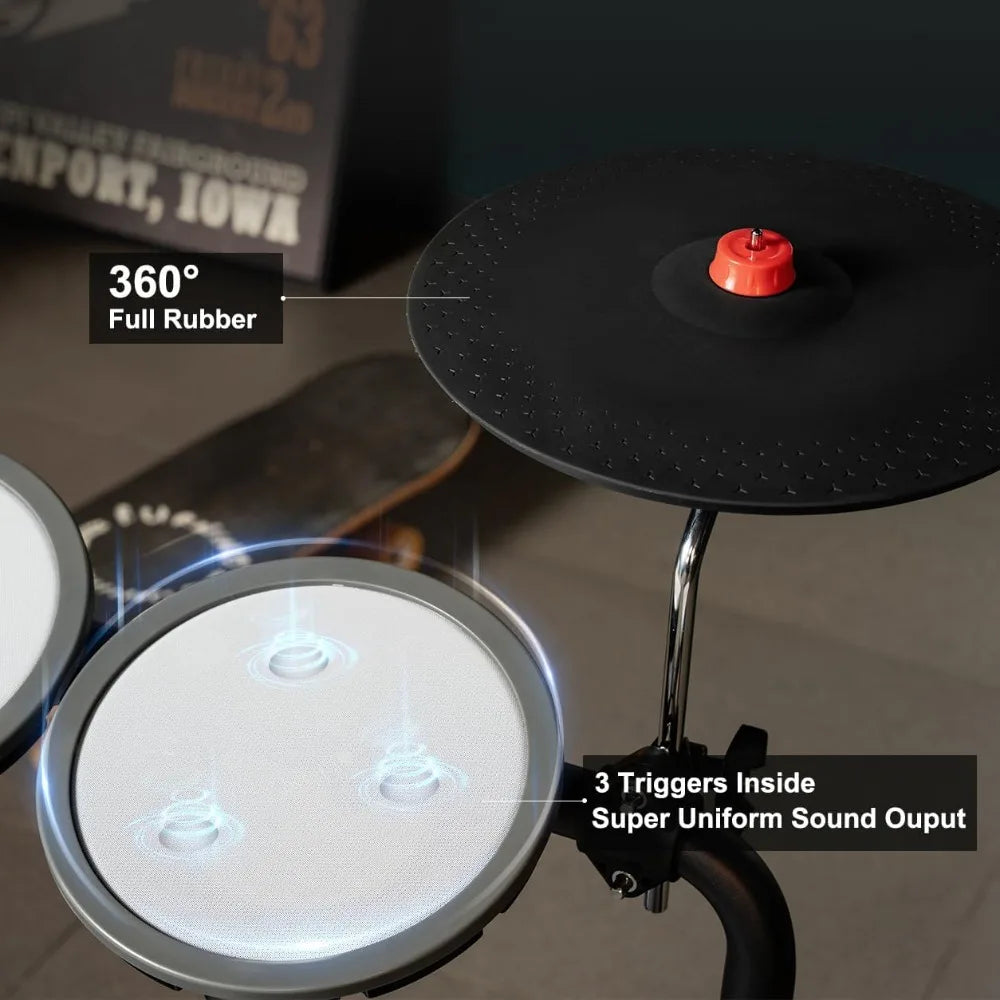 Electric Drum Set with 4 Quite Mesh Drum Pads, 3 Full Rubber Crashes, Bass Drum, 12 Kits and 68 Authentic Sounds,2 Pedals