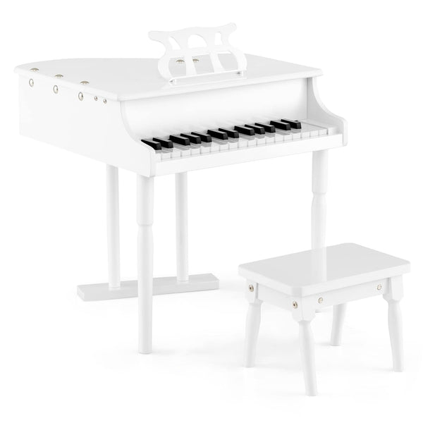 Goplus 30-Key Classical Kids Piano Mini Grand Piano Wooden Learn-to-Play Musical Instrument Toy with Bench Piano Lid Music Rack Gift for Boys Girls Aged 2+ Baby Toddler(3 Straight Leg-White)