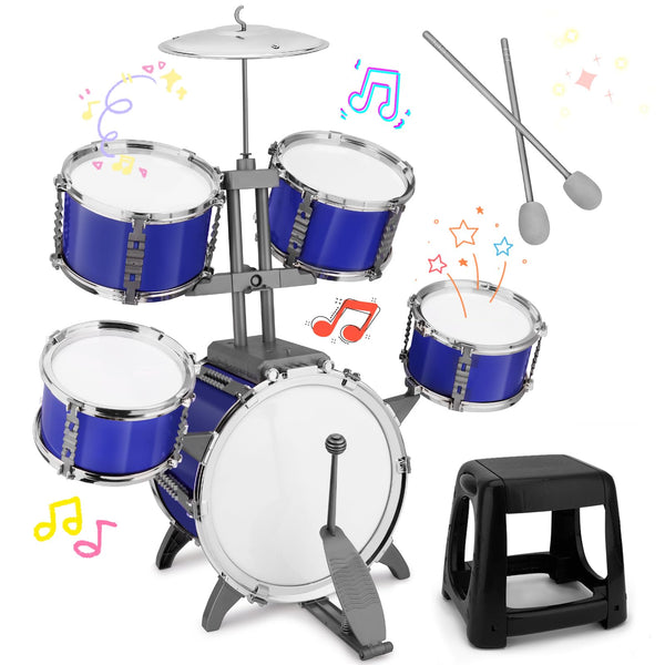 Upgraded Kids Plastic Jazz Drum Set with Foot Pedal & Stool