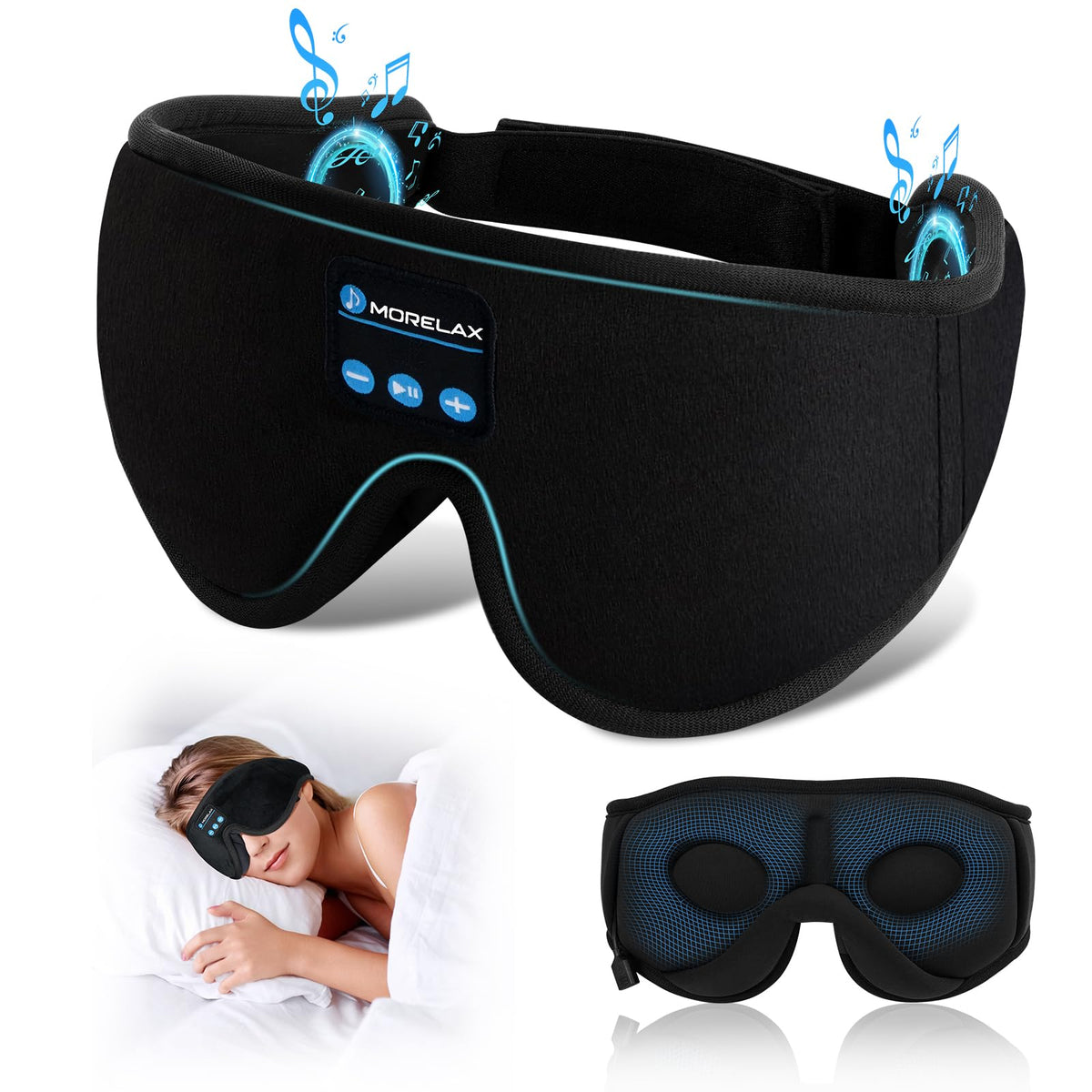 Morelax Sleep Mask with Bluetooth Headphones 3D Sleep Mask Wireless Music Eye Mask for Sleeping Side/Back Sleepers White Noise Sleep Headphones Ultra-Thin Stereo Speakers Gift for Women/Men Black