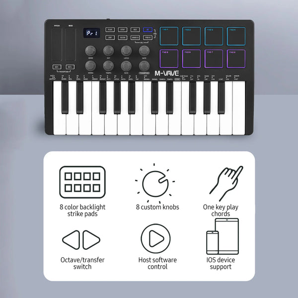 M-VAVE 25-Key MIDI Controller Mini Portable USB Keyboard 8 RGB Backlit Pads