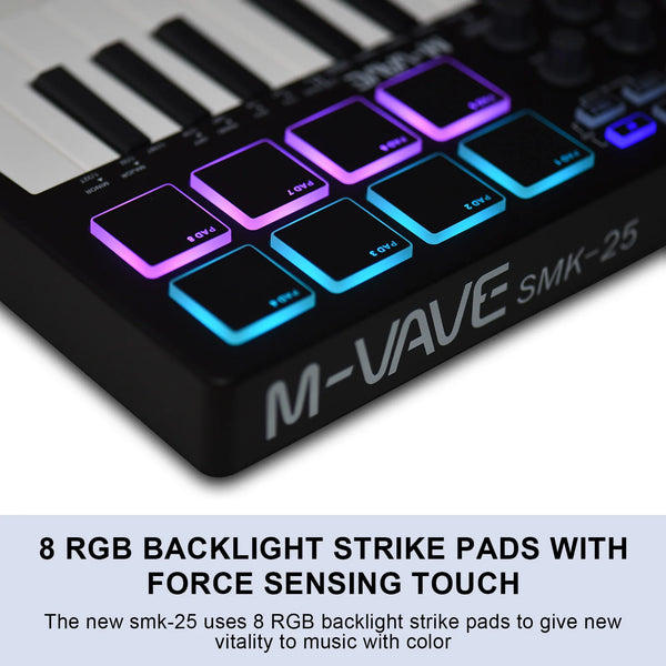 M-VAVE 25-Key MIDI Controller Mini Portable USB Keyboard 8 RGB Backlit Pads