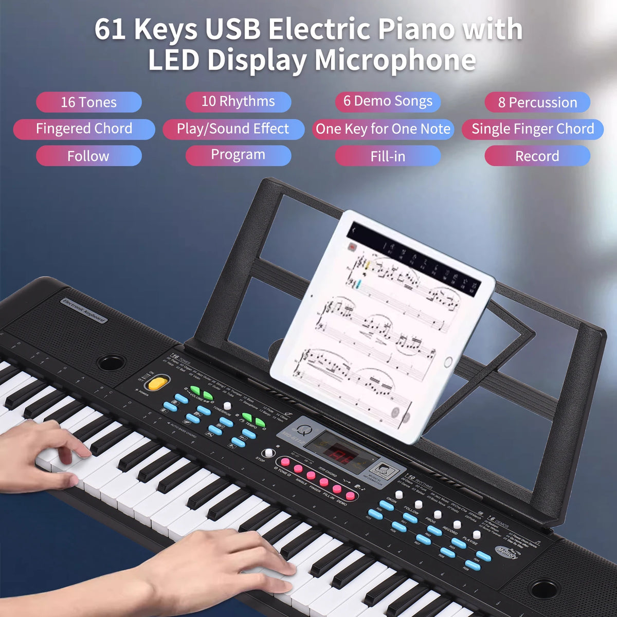61 Keys USB Electronic Organ Kids Electric Piano with Microphone & Keyboard
