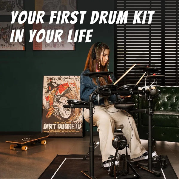 Electric Drum Set 4 Mesh Pads 3 Rubber Crashes 12 Kits 68 Sounds 2 Pedals