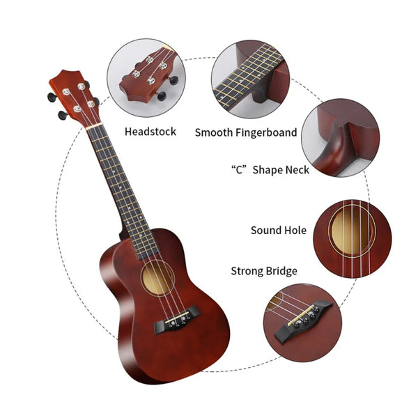 23 Inch Ukulele Kit with Bag Strings Strap Capo Pick Tuner for Beginners