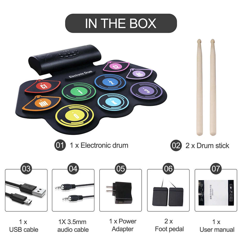 9 Pads Roll Up Electronic Drum Pad Set with Drumsticks & Sustain Pedal