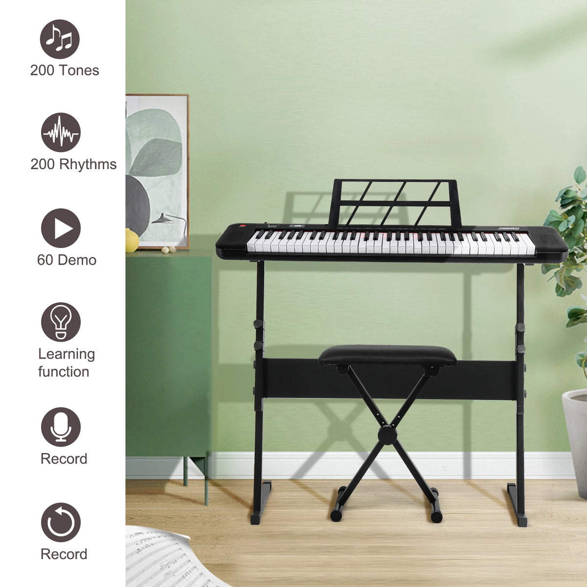 Glarry GEP-109 61 Key Keyboard with Stand Bench Speakers Headphone Microphone