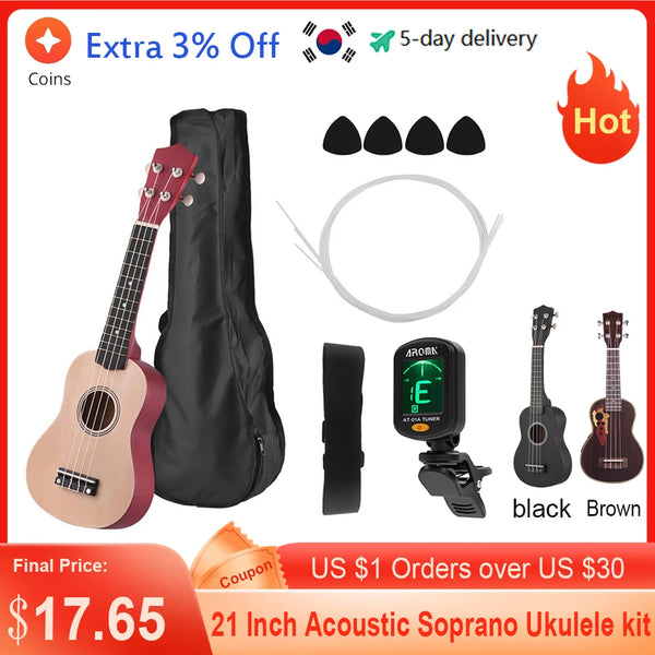 21 Inch Colored Soprano Ukulele Kit Basswood with Bag Strap Picks Tuner