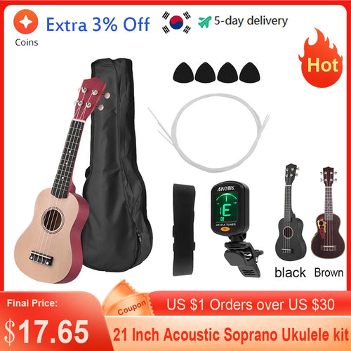 21 Inch Colored Soprano Ukulele Kit Basswood with Bag Strap Picks Tuner