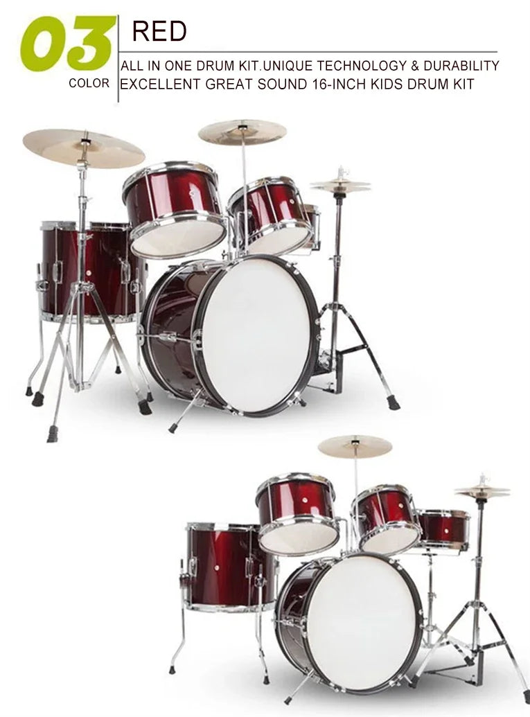Drum Kit 5 Drums 2 Cymbals Full Size Kids Percussion Instrument Set