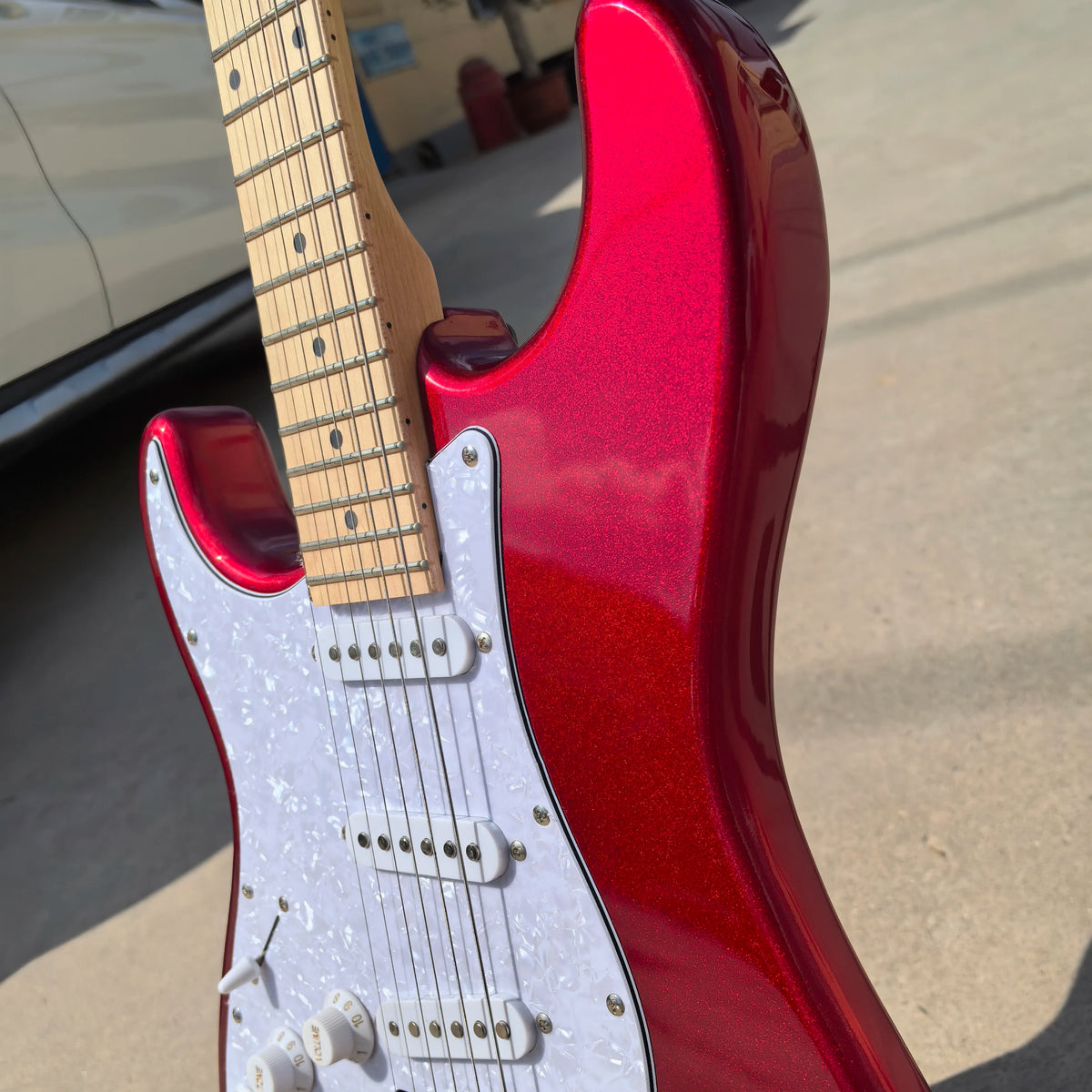 Left-Handed 6-String Electric Guitar Metallic Red Mahogany with Pearl Pickguard
