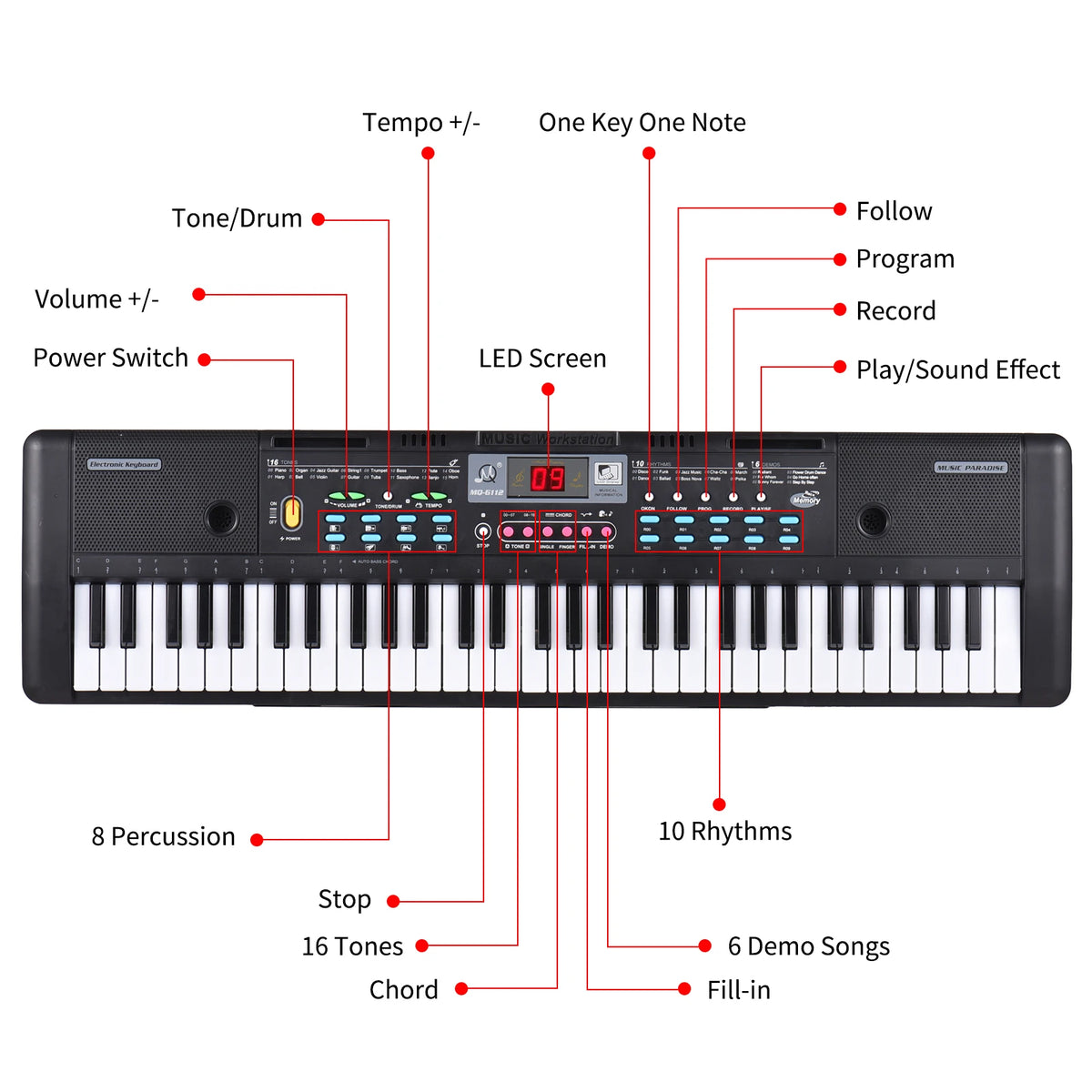 61 Keys USB Electronic Organ Kids Electric Piano with Microphone & Keyboard