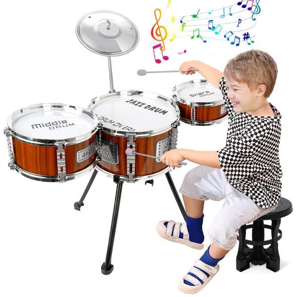Kids Drum Set Music Toy Drum Set for Toddlers Ages 3-5 Jazz Drum Kit with Stool 3 Drums Percussion Musical Instruments Toys for 3 4 5 Year Old Boys Girls Gifts