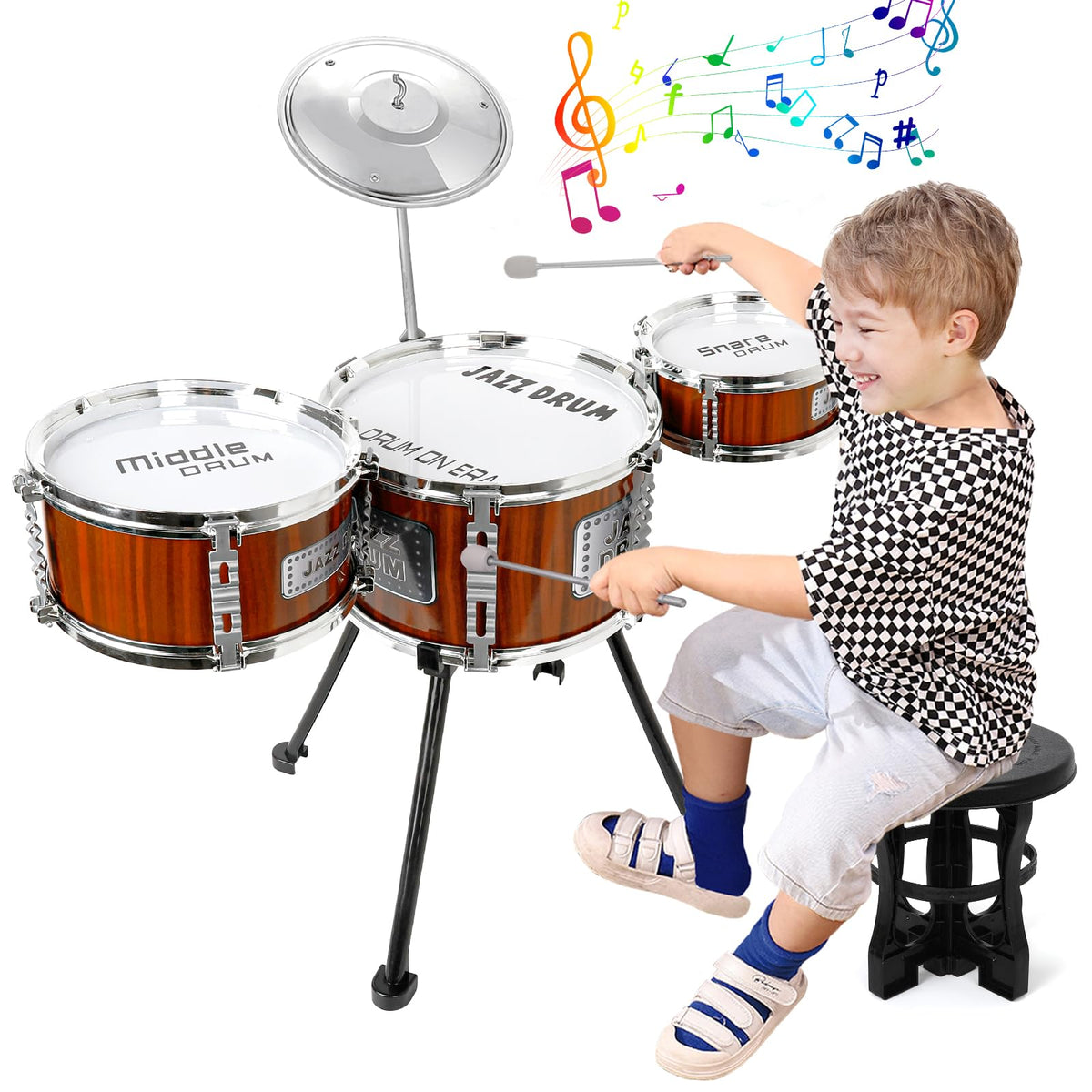 Kids Drum Set Music Toy Drum Set for Toddlers Ages 3-5 Jazz Drum Kit with Stool 3 Drums Percussion Musical Instruments Toys for 3 4 5 Year Old Boys Girls Gifts